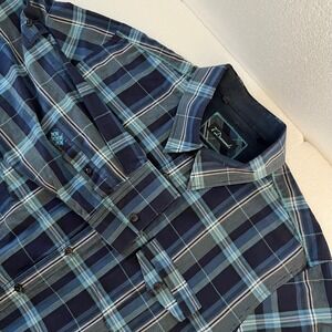 7 DIAMONDS Button Down Shirt Mens 2XL Blue Turquoise Plaid Casual Y2K Embroidery